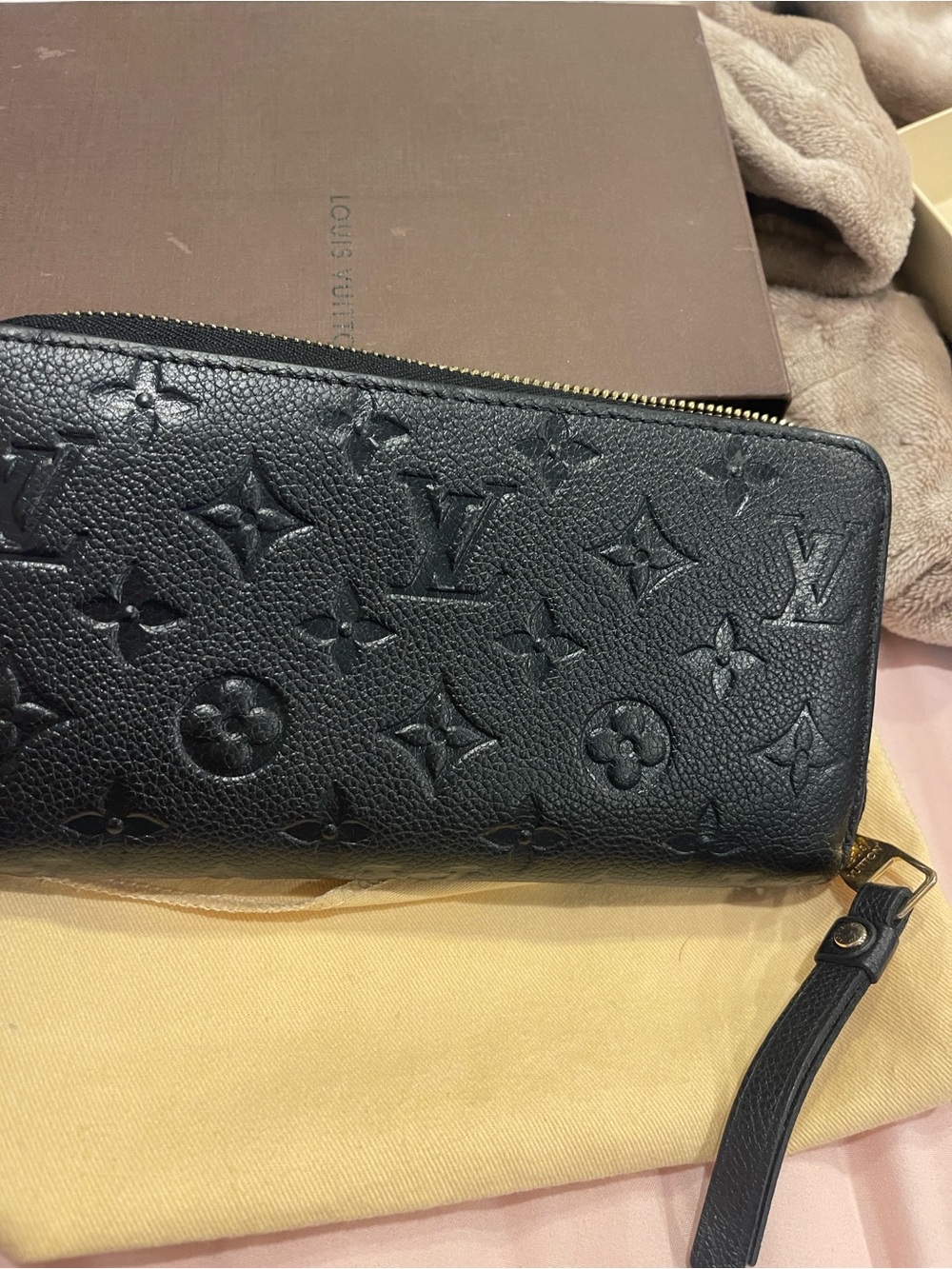 Louis Vuitton Black Embossed Monogram Zip Around Wallet with Wristlet